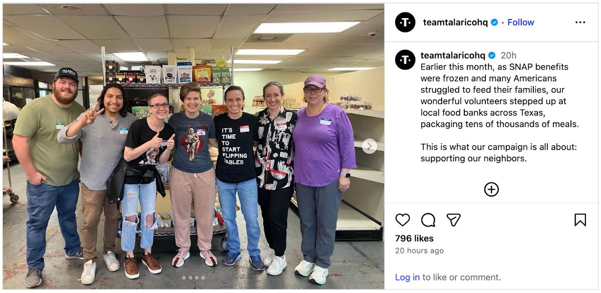 Earlier this month, as SNAP benefits were frozen and many Americans struggled to feed their familiess, our wonderful volunteers stepped up at local food banks across Texas, packaging tens of thousands of meals. This is what our campagin is all about:supporting our neighbors