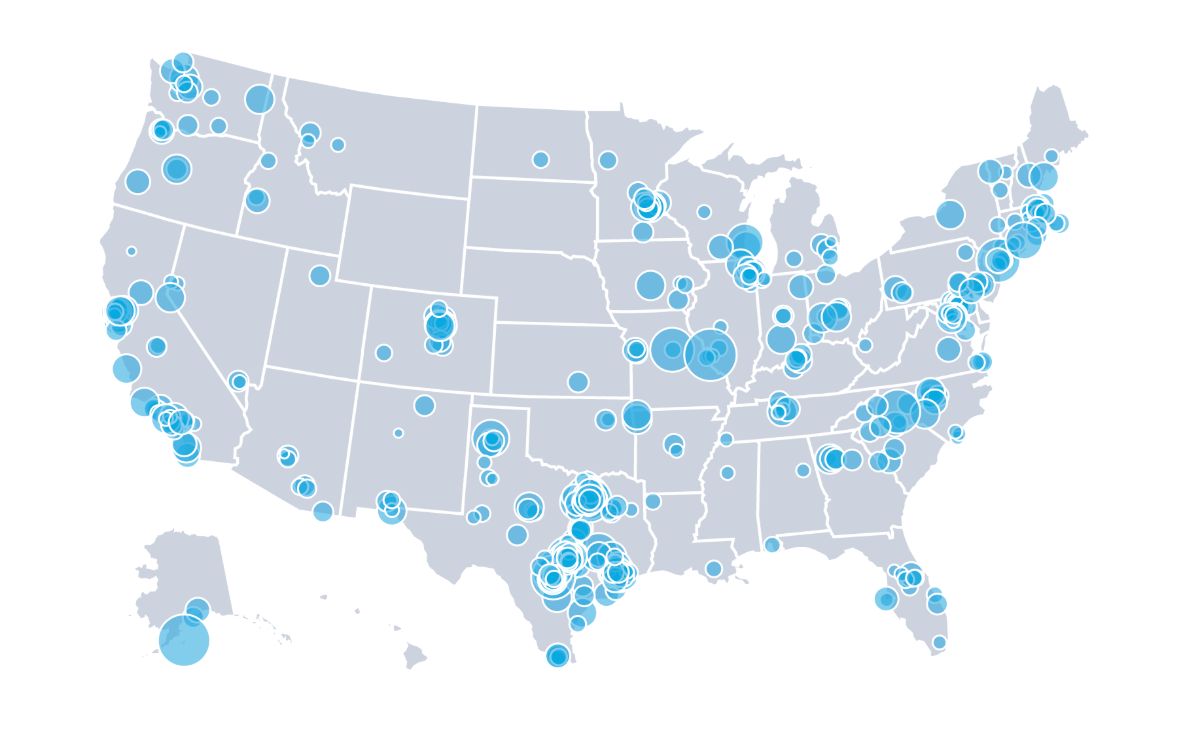 Map of America with lots of donations