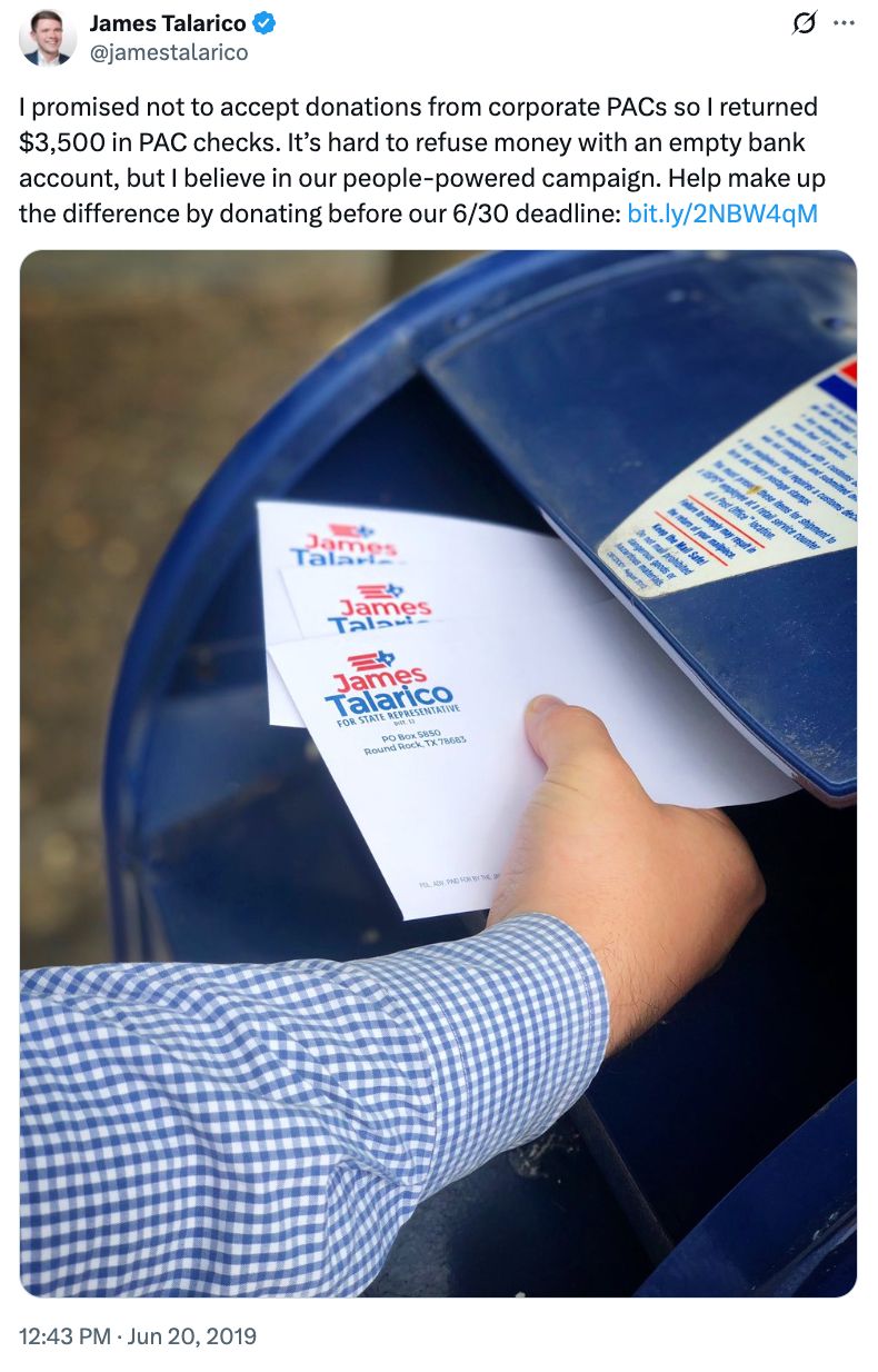 I promised not to accept donations from corporate PACs so I returned $3,500 in PAC checks. It's hard to refuse money with an empty bank account, but I believe in our people-powered campaign.